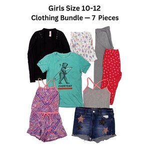 Girls Size 10-12 Clothing Bundle – 7-Piece Lot Tops Pants Shorts Romper – Hearts